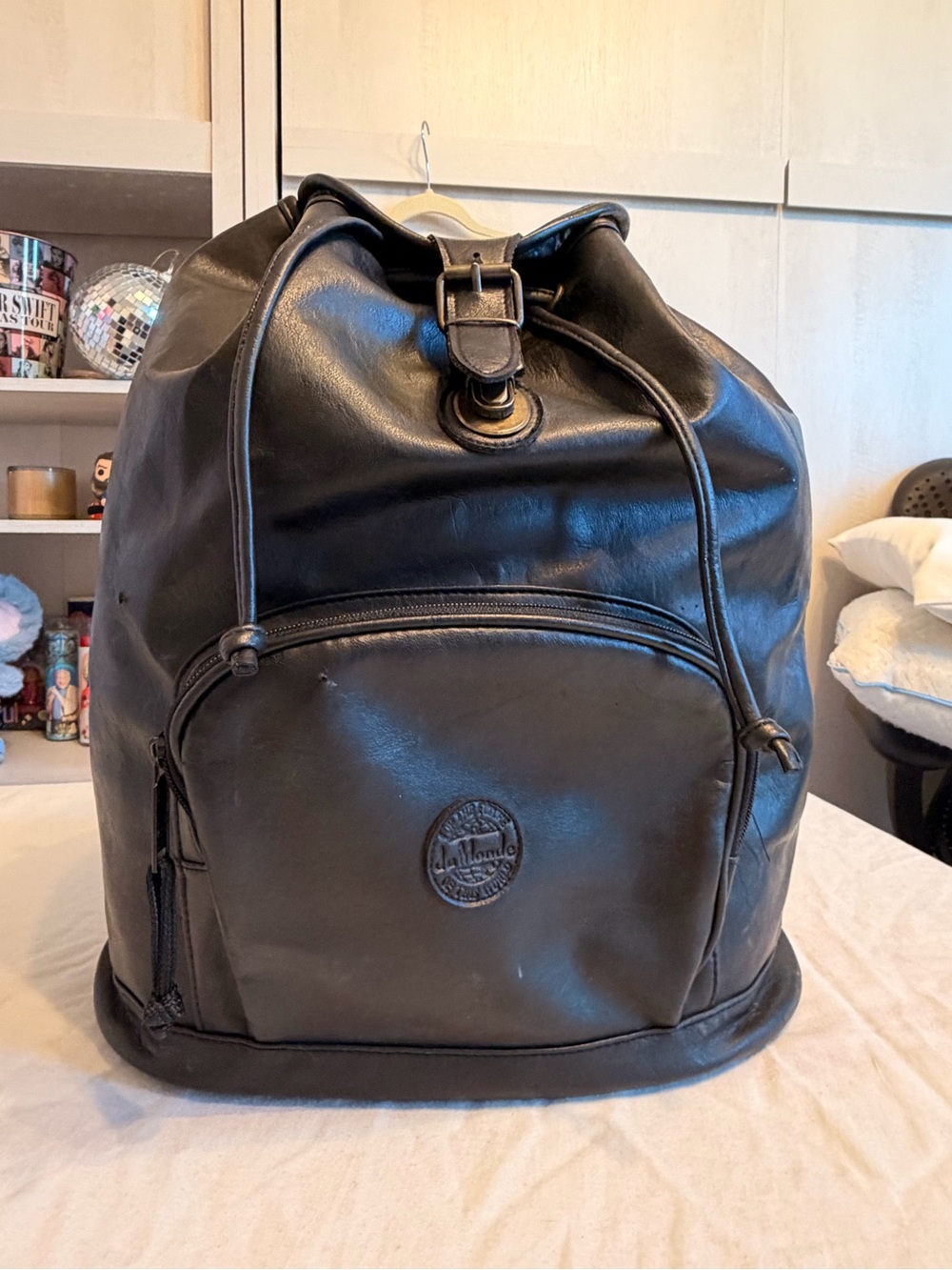 Du Monde Black Leather Cinch Top Backpack Full Size Commuter Travel